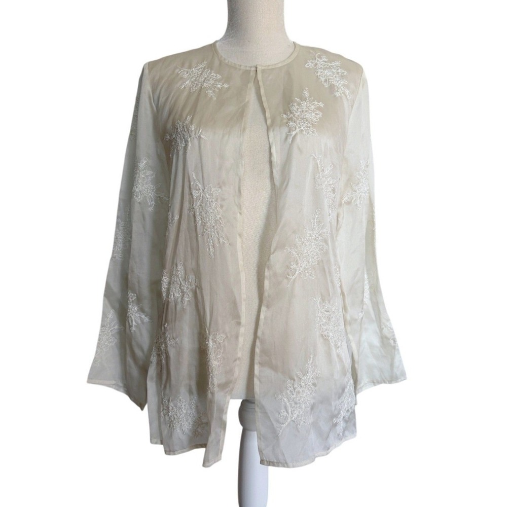 VTG Talbots Womens 12 Petites Delicate Ivory Silk Beaded Floral Blouse Cardigan